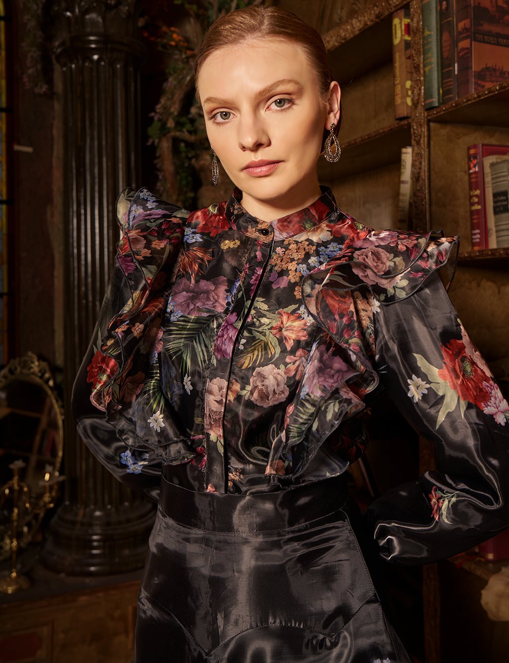 Floral Patterned Organza Set - Black