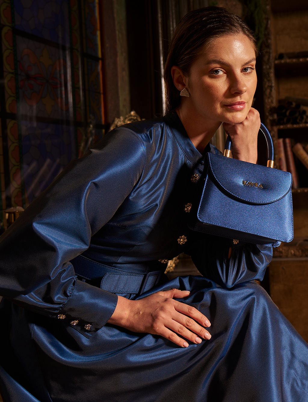 Belted Taffeta Dress Navy 
