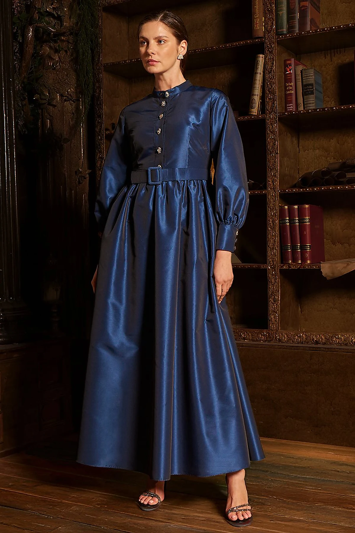 Belted Taffeta Dress Navy 