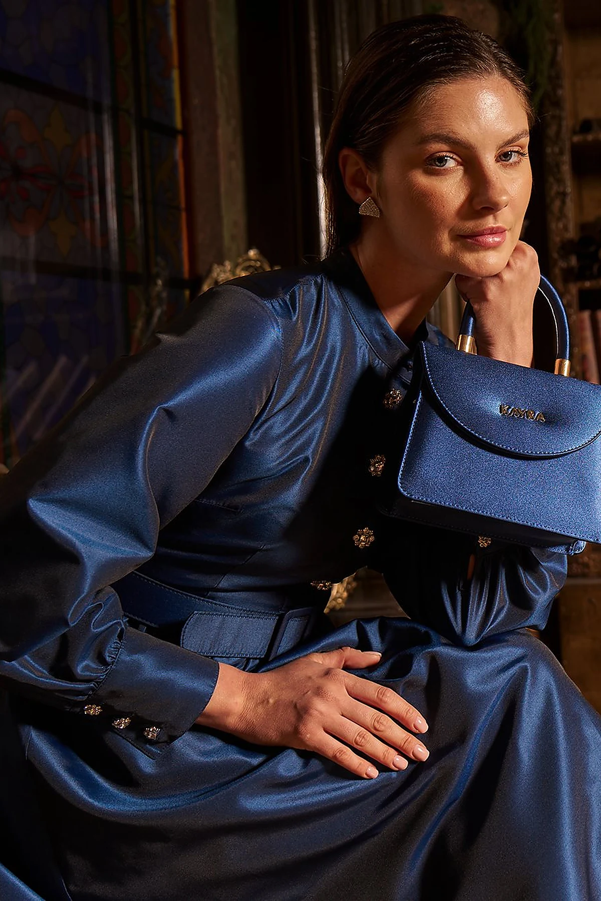 Belted Taffeta Dress Navy 