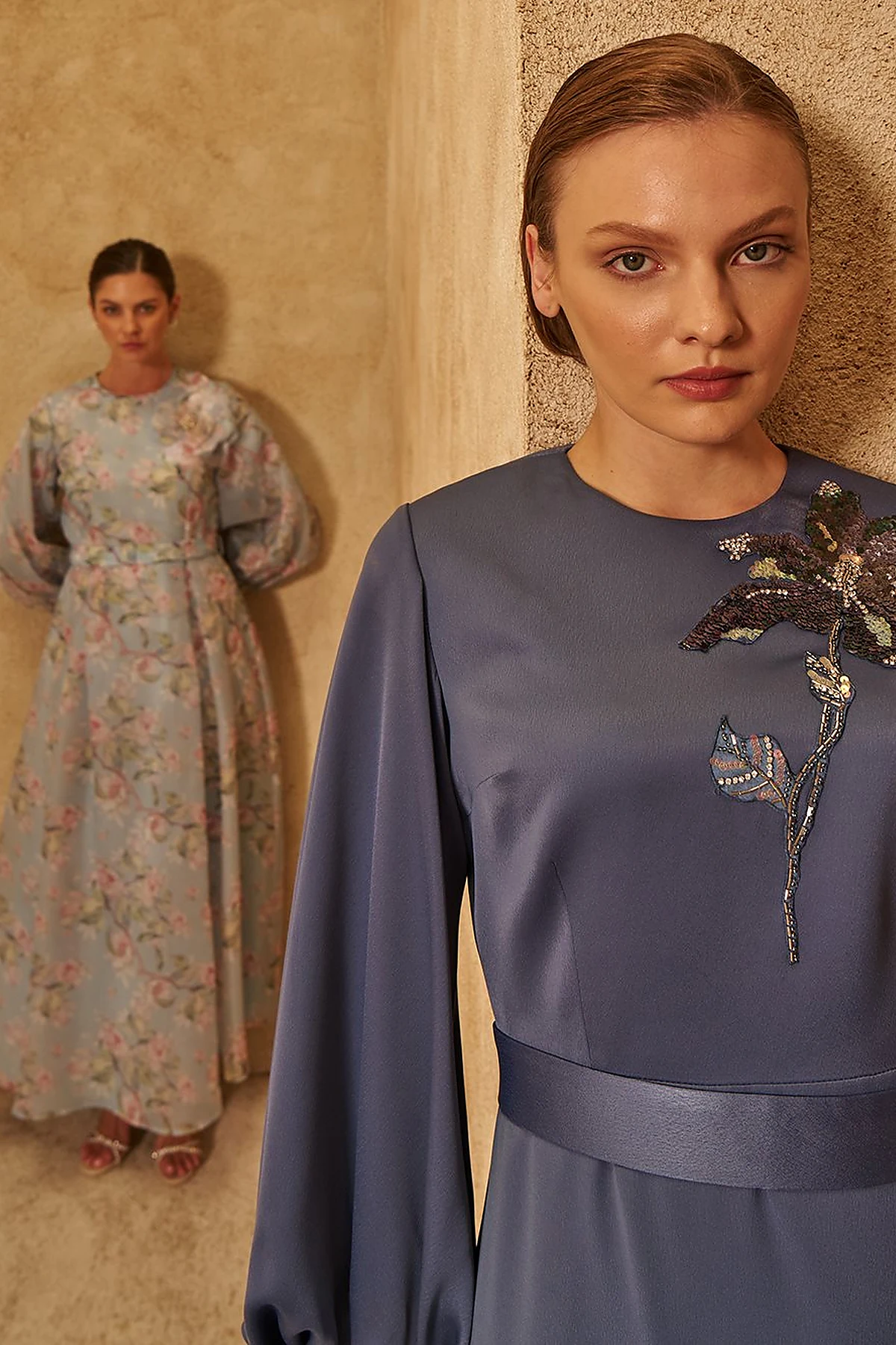 Sequin Embroidered Satin Dress Indigo