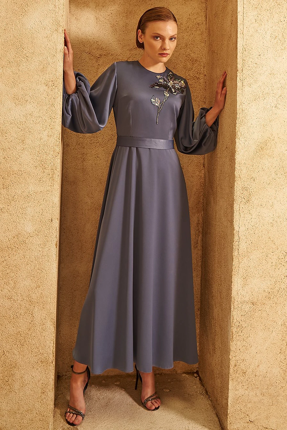 Sequin Embroidered Satin Dress Indigo