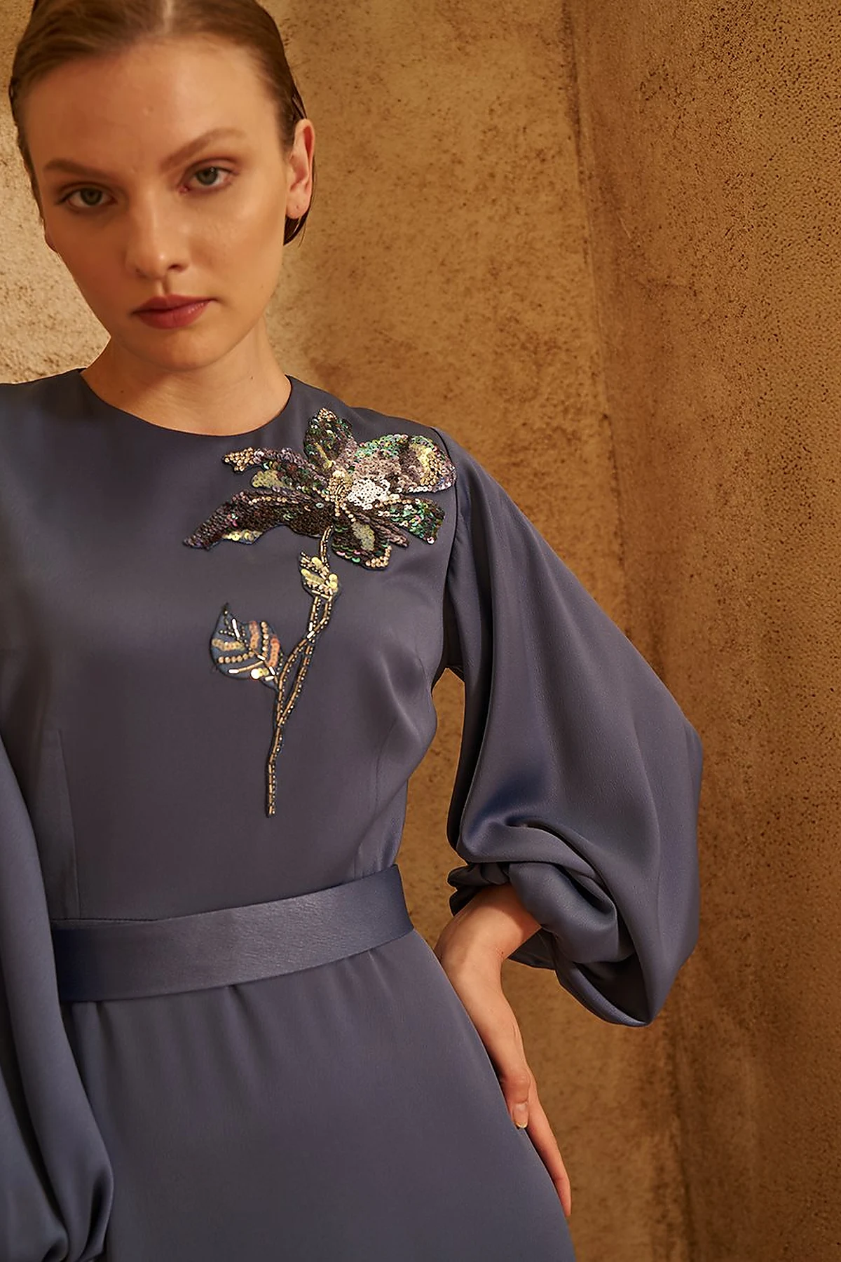 Sequin Embroidered Satin Dress Indigo