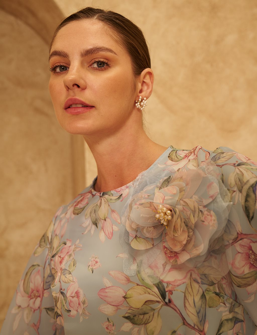 Floral Patterned Balloon Sleeve Dress Blue