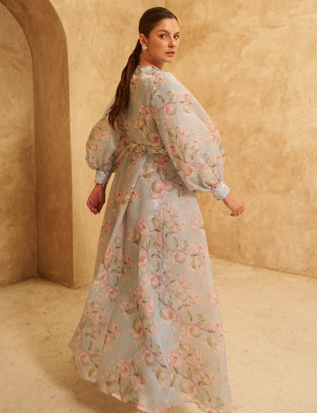 Floral Patterned Balloon Sleeve Dress Blue