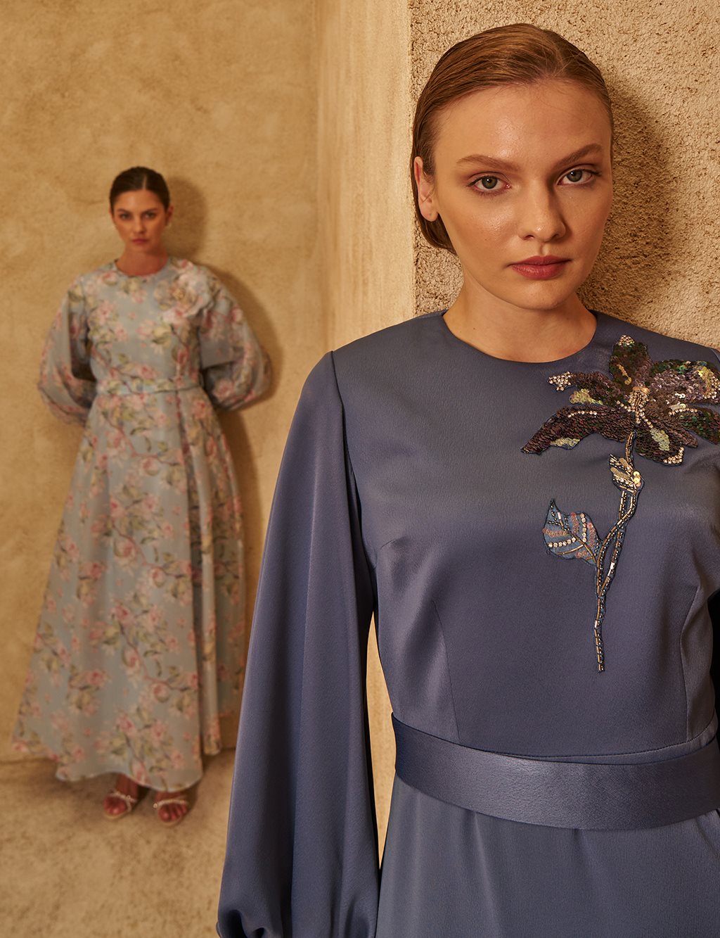 Floral Patterned Balloon Sleeve Dress Blue
