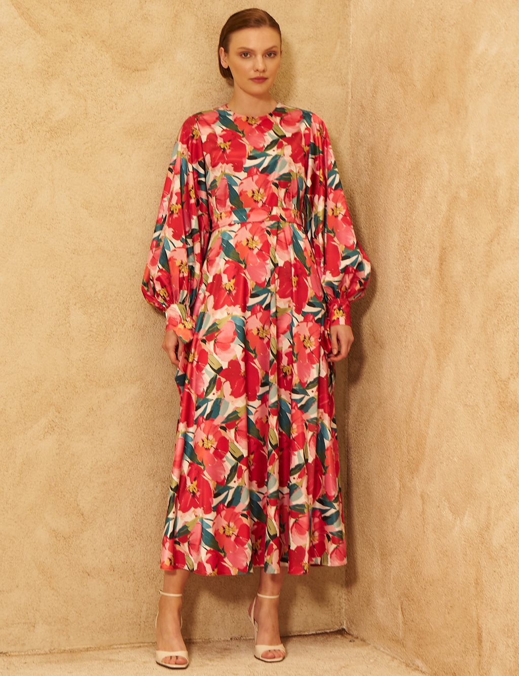 Floral Patterned Satin Dress Red