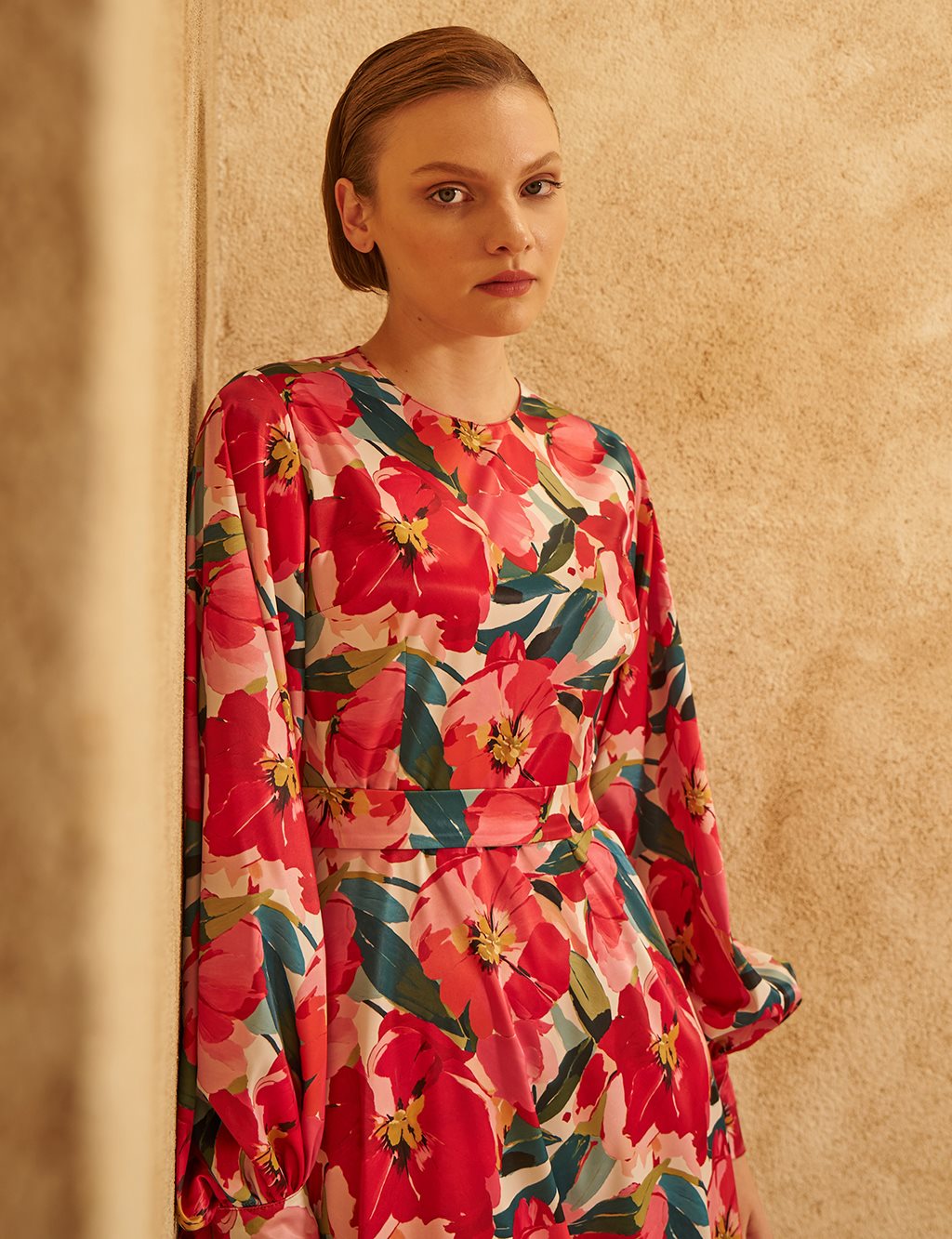 Floral Patterned Satin Dress Red