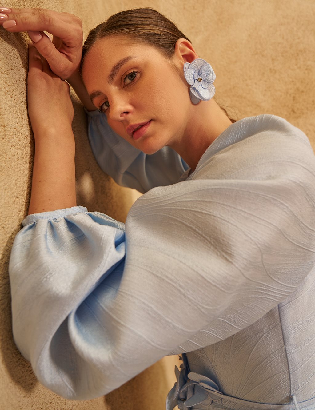 Floral Appliqué Taffeta Dress Blue 