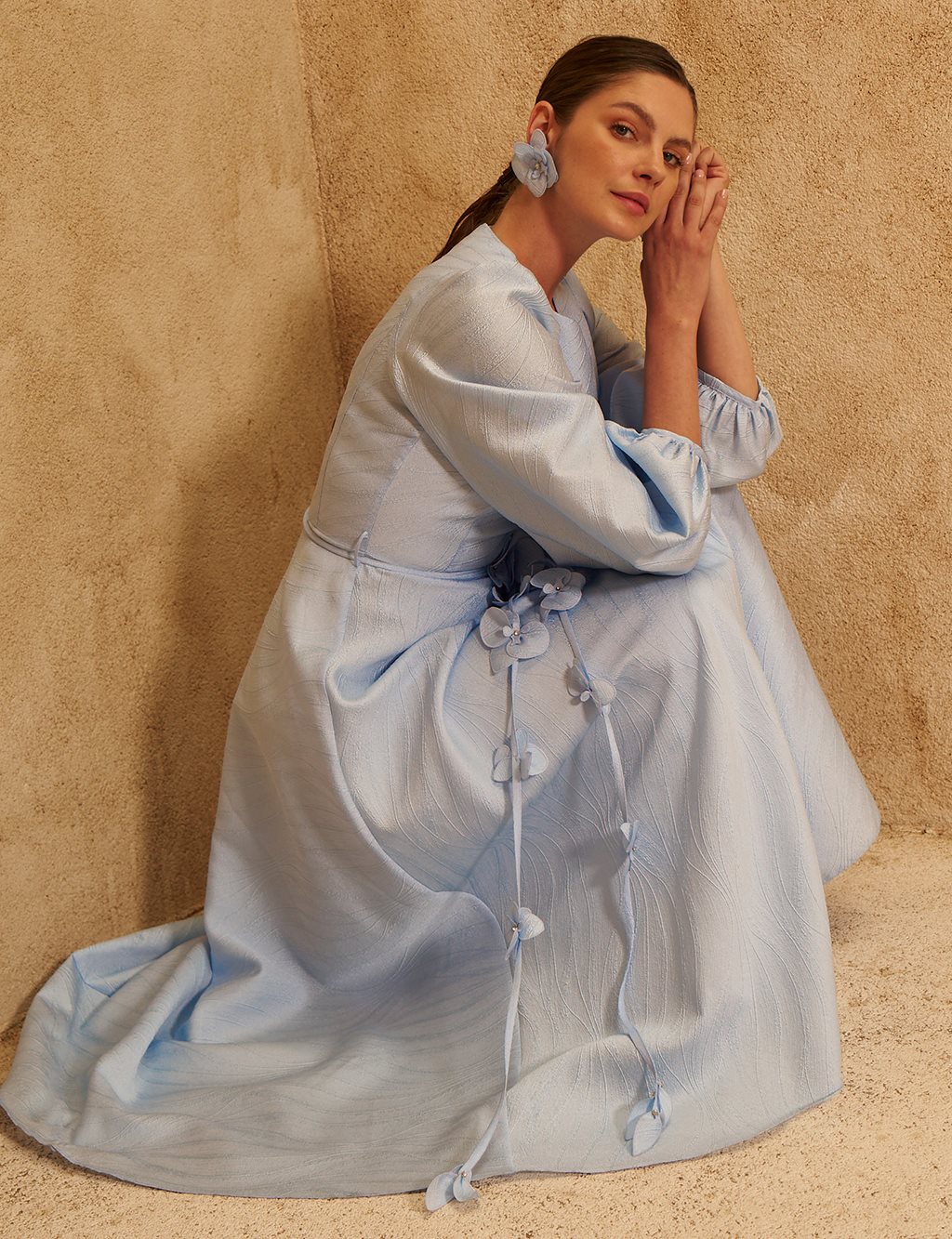 Floral Appliqué Taffeta Dress Blue 