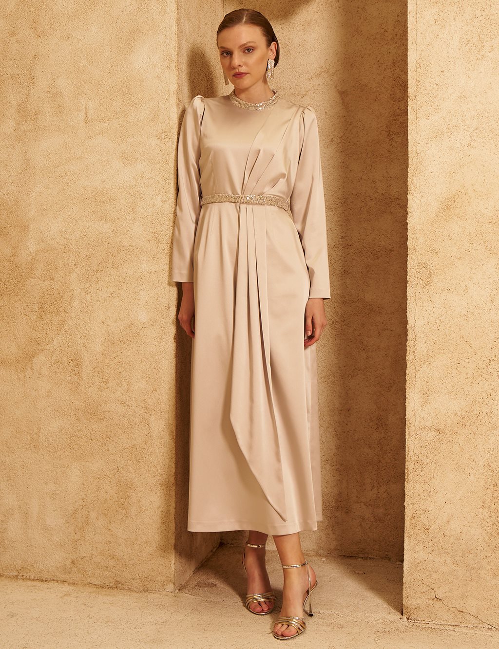 Embroidered Satin Draped Dress in Stone 