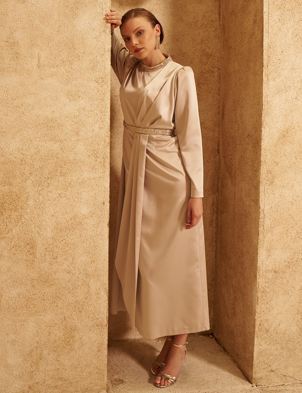Embroidered Satin Draped Dress in Stone 