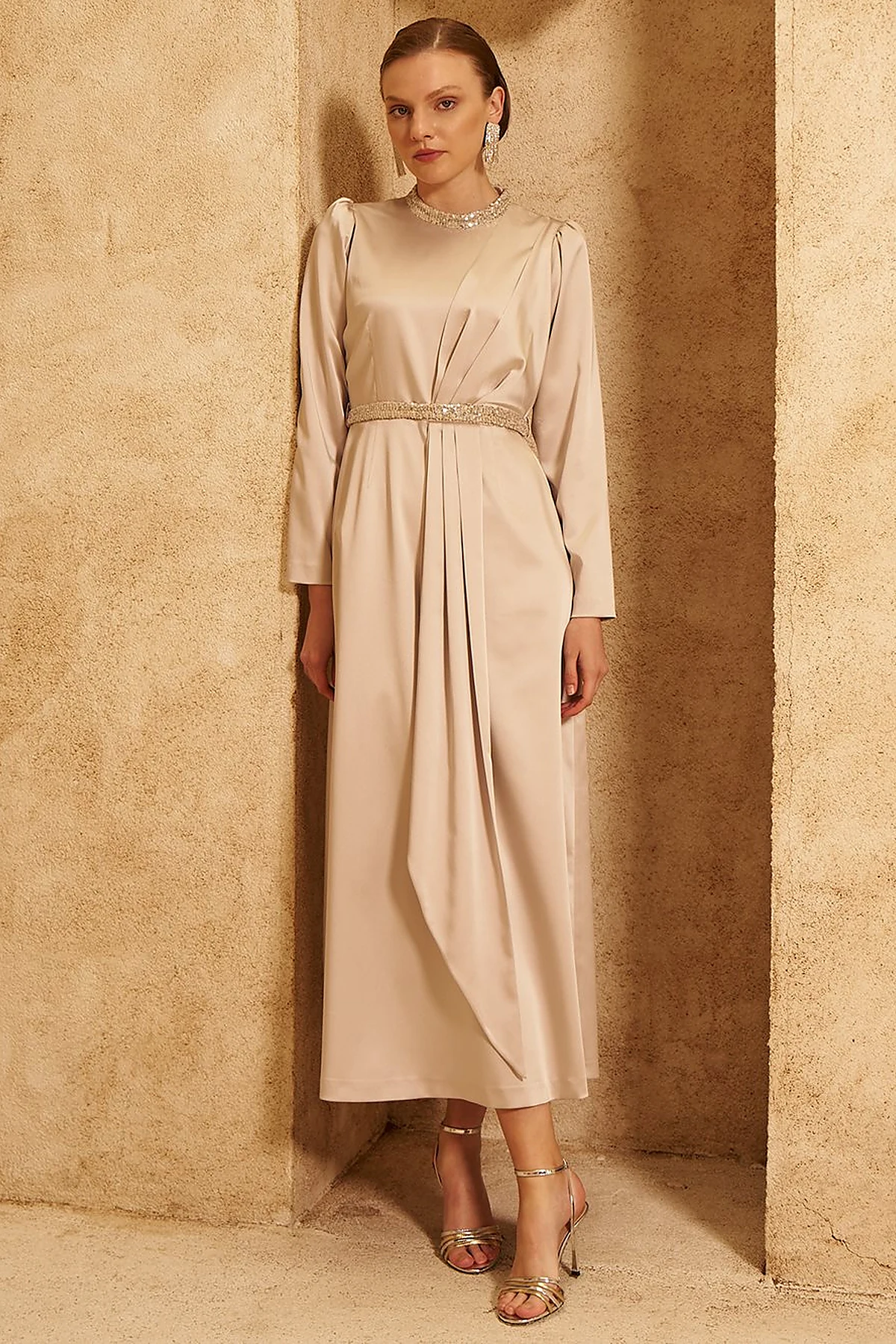 Embroidered Satin Draped Dress in Stone 