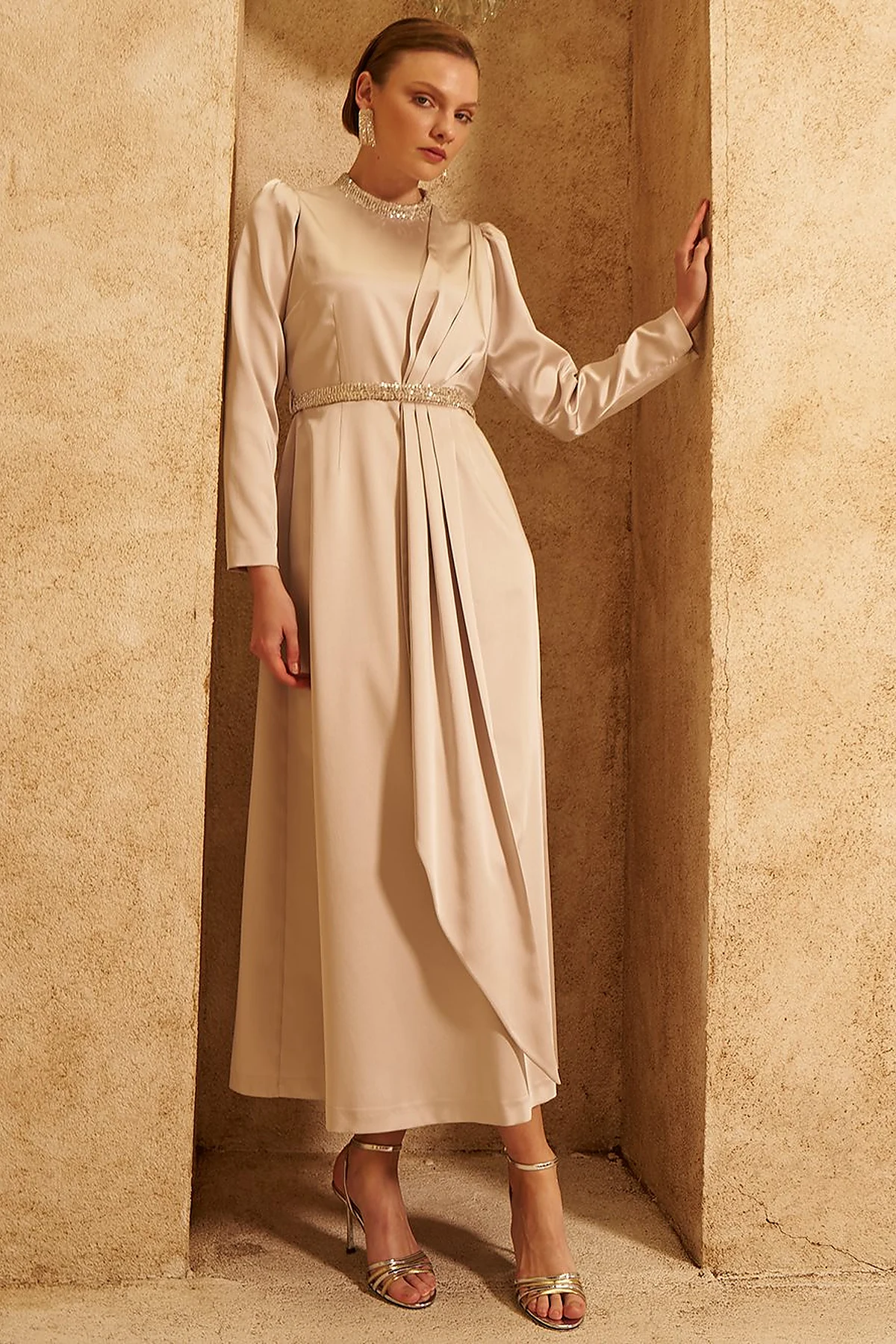 Embroidered Satin Draped Dress in Stone 