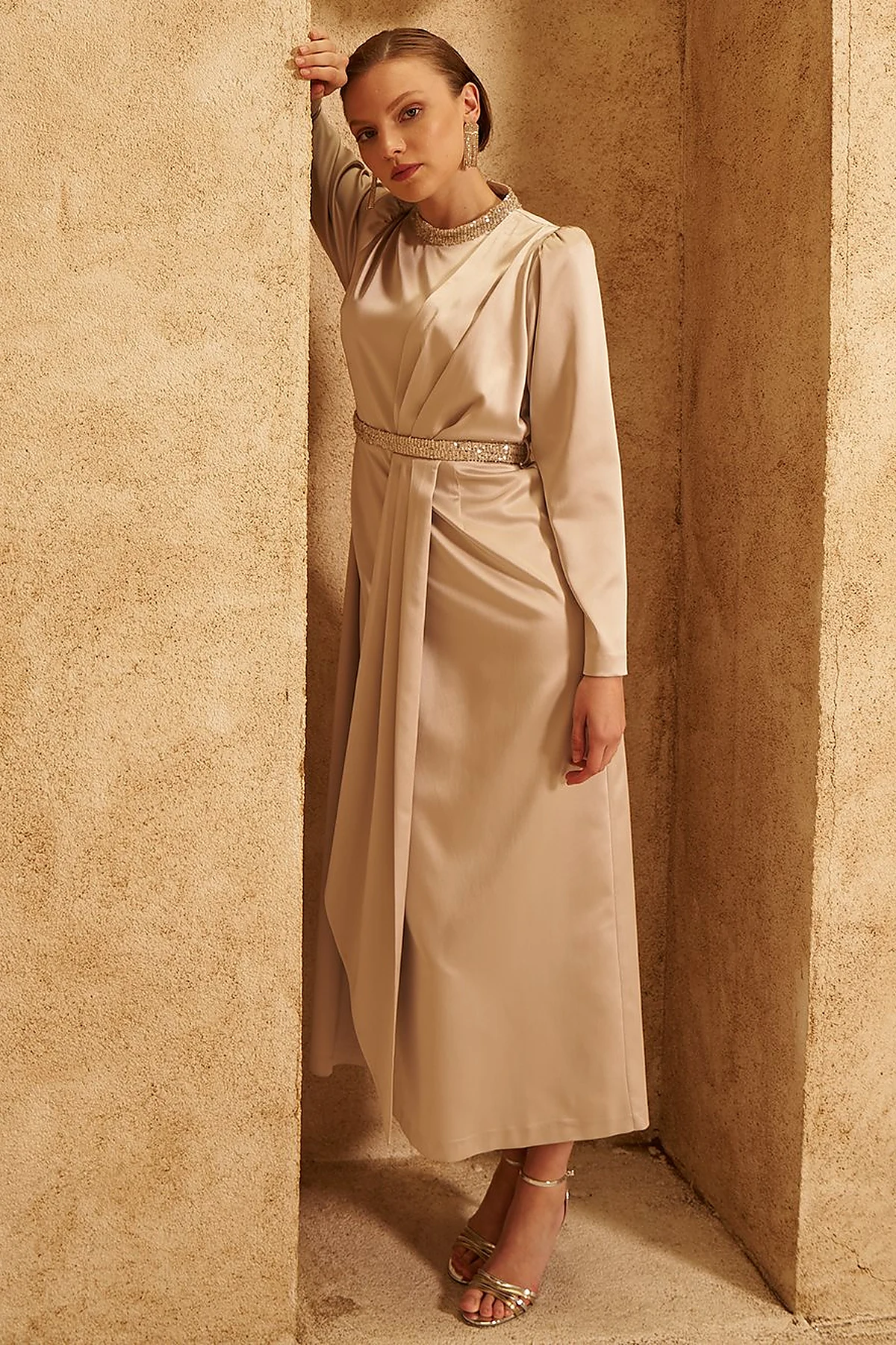 Embroidered Satin Draped Dress in Stone 
