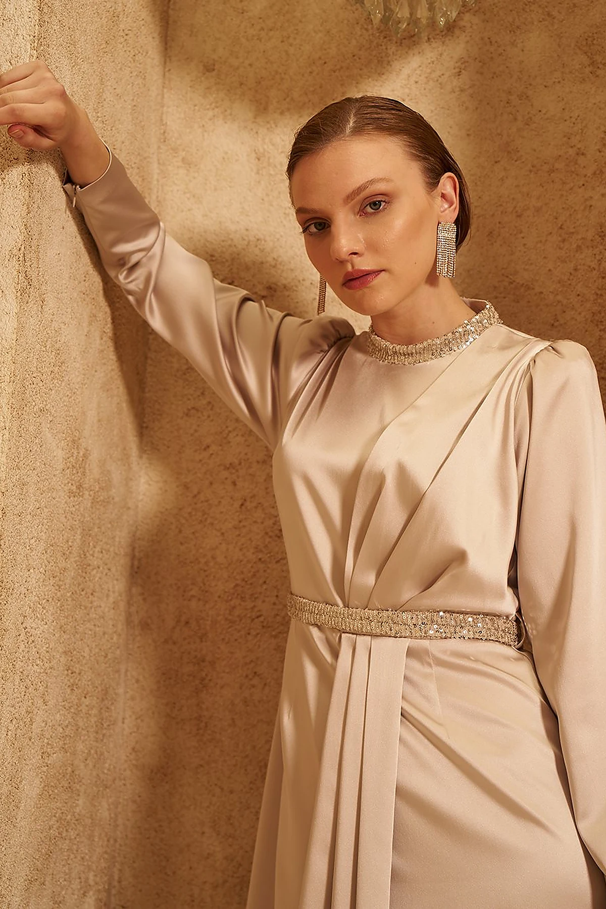 Embroidered Satin Draped Dress in Stone 