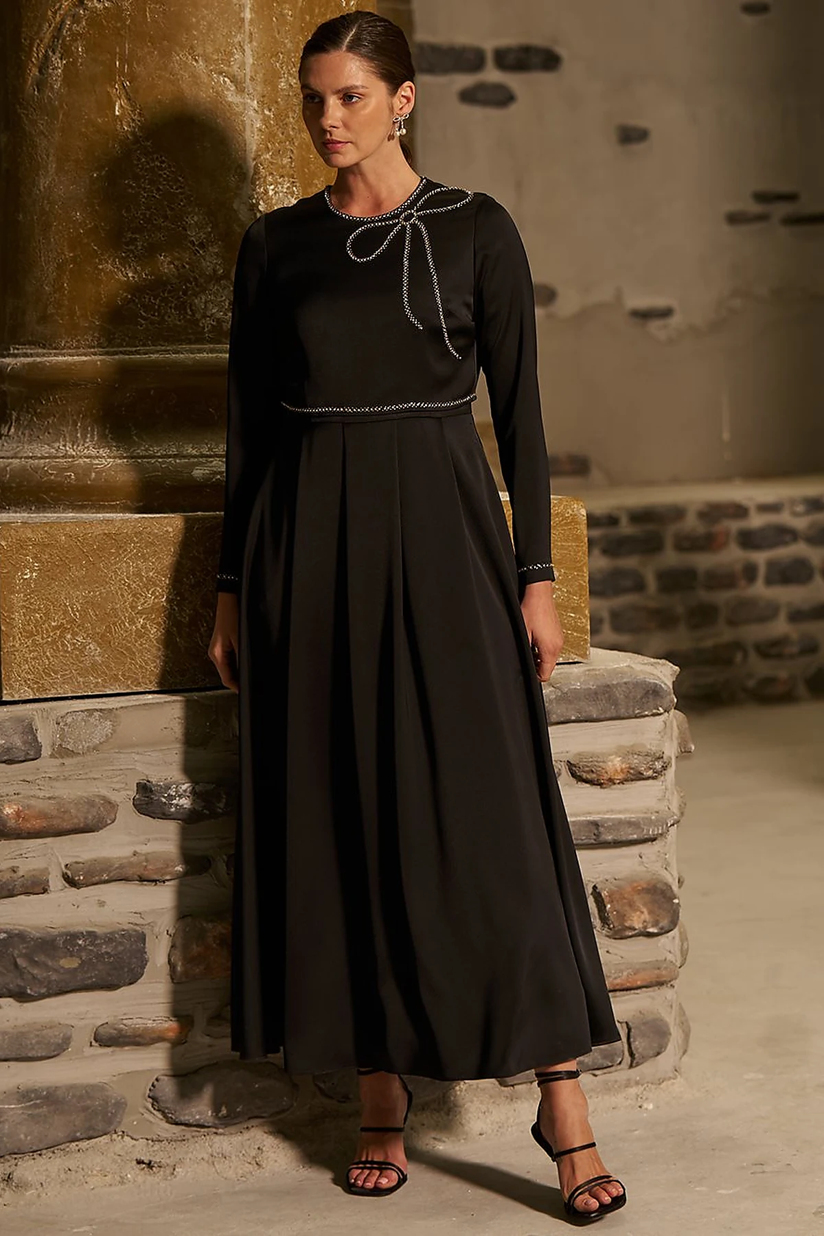 Ribbon-Embroidered Satin Elegant Dress Black