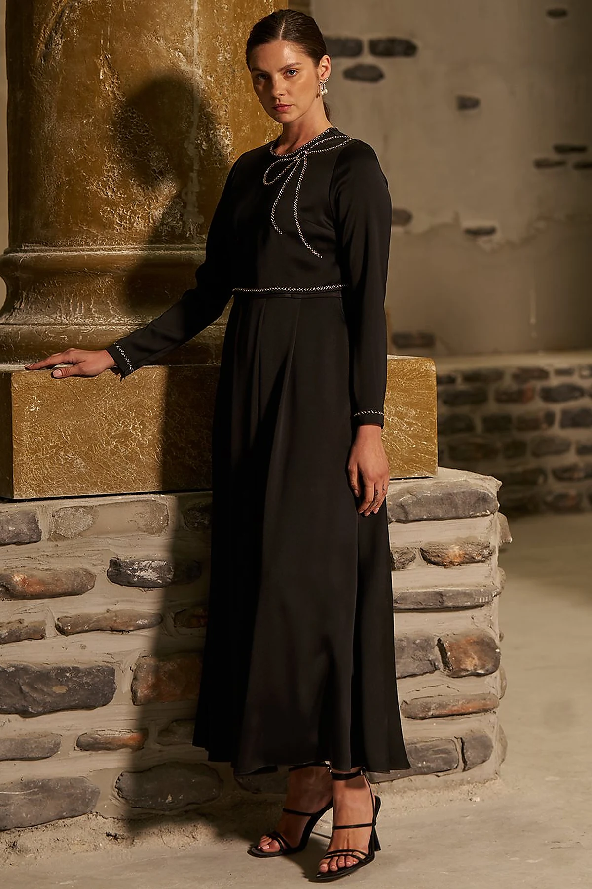 Ribbon-Embroidered Satin Elegant Dress Black