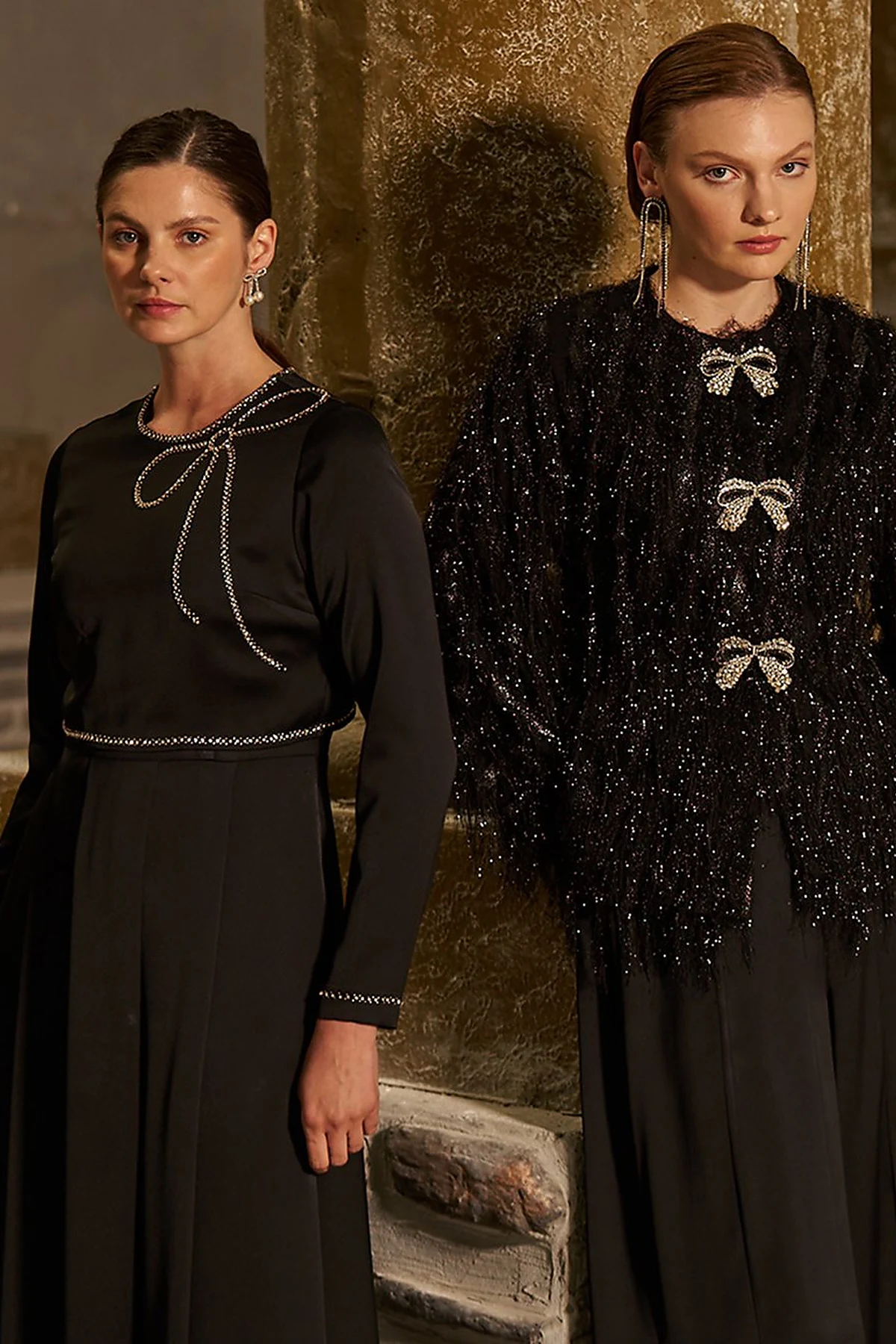 Ribbon-Embroidered Satin Elegant Dress Black