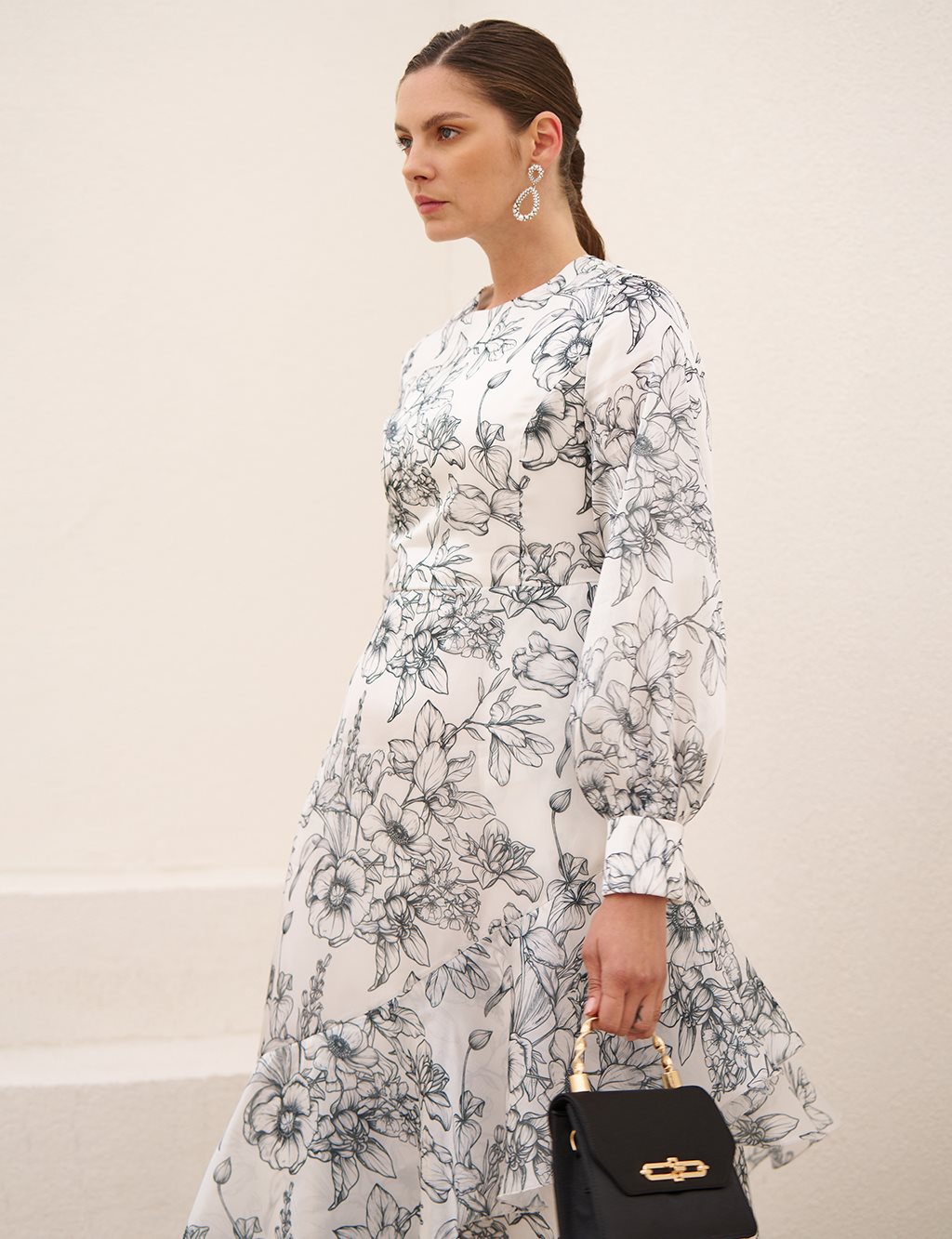Floral Print Chiffon Dress Ecru