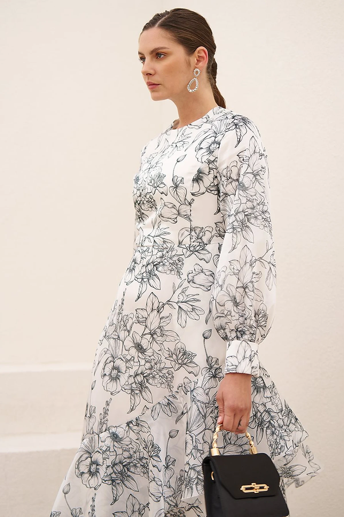 Floral Pattern Organza Dress Ecru