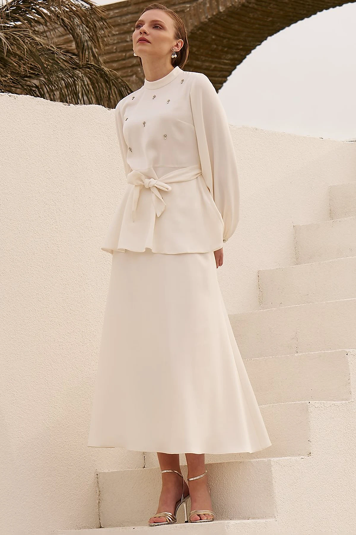 Stone-Embroidered Skirted Two-Piece Set - Ecru