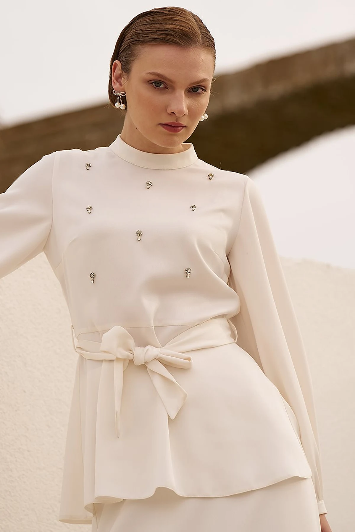 Stone-Embroidered Skirted Two-Piece Set - Ecru