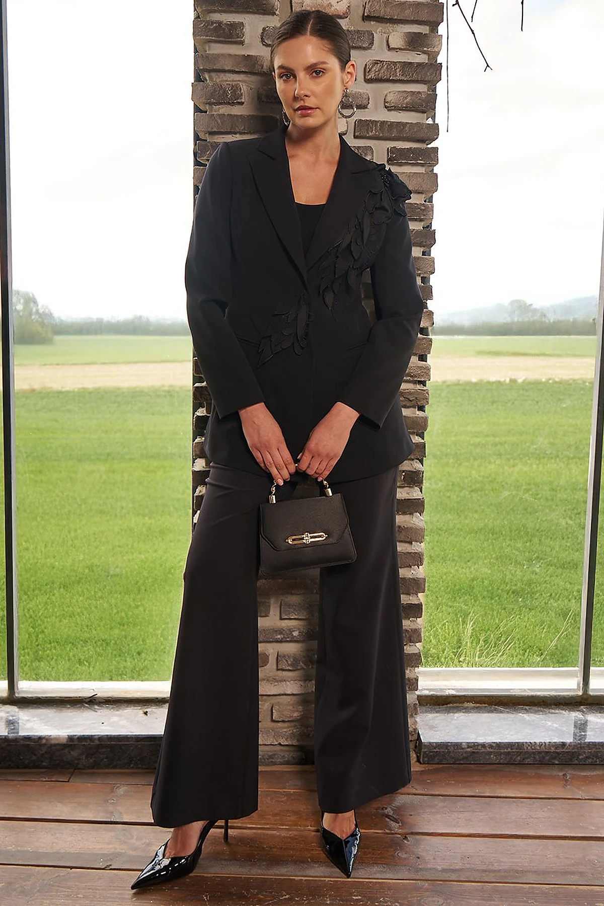 Embroidered Two-Piece Suit in Black
