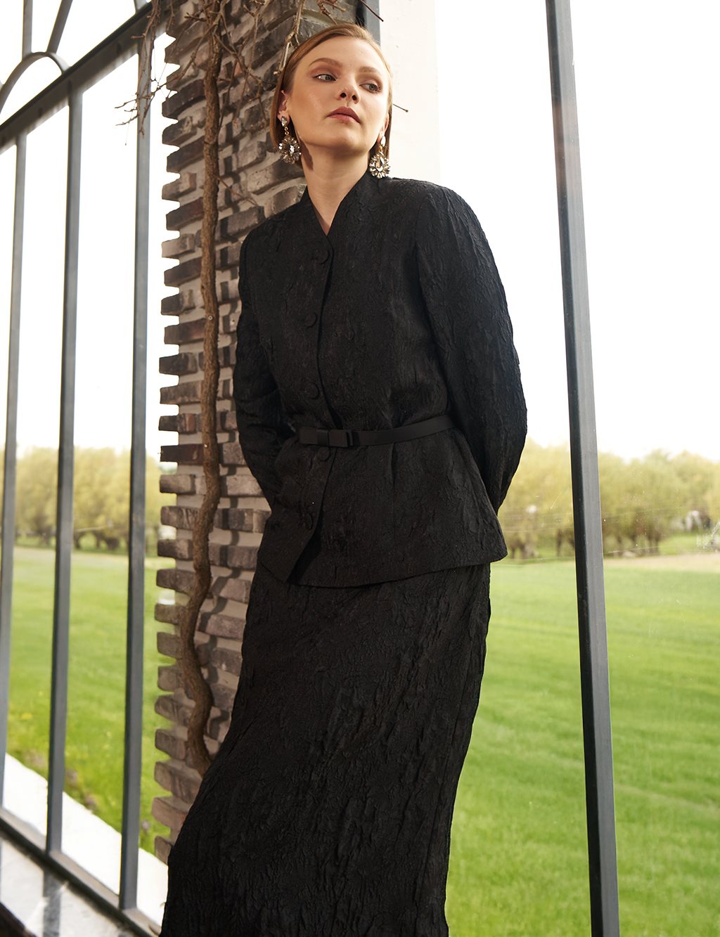 Belted Jacquard Jacket Black 