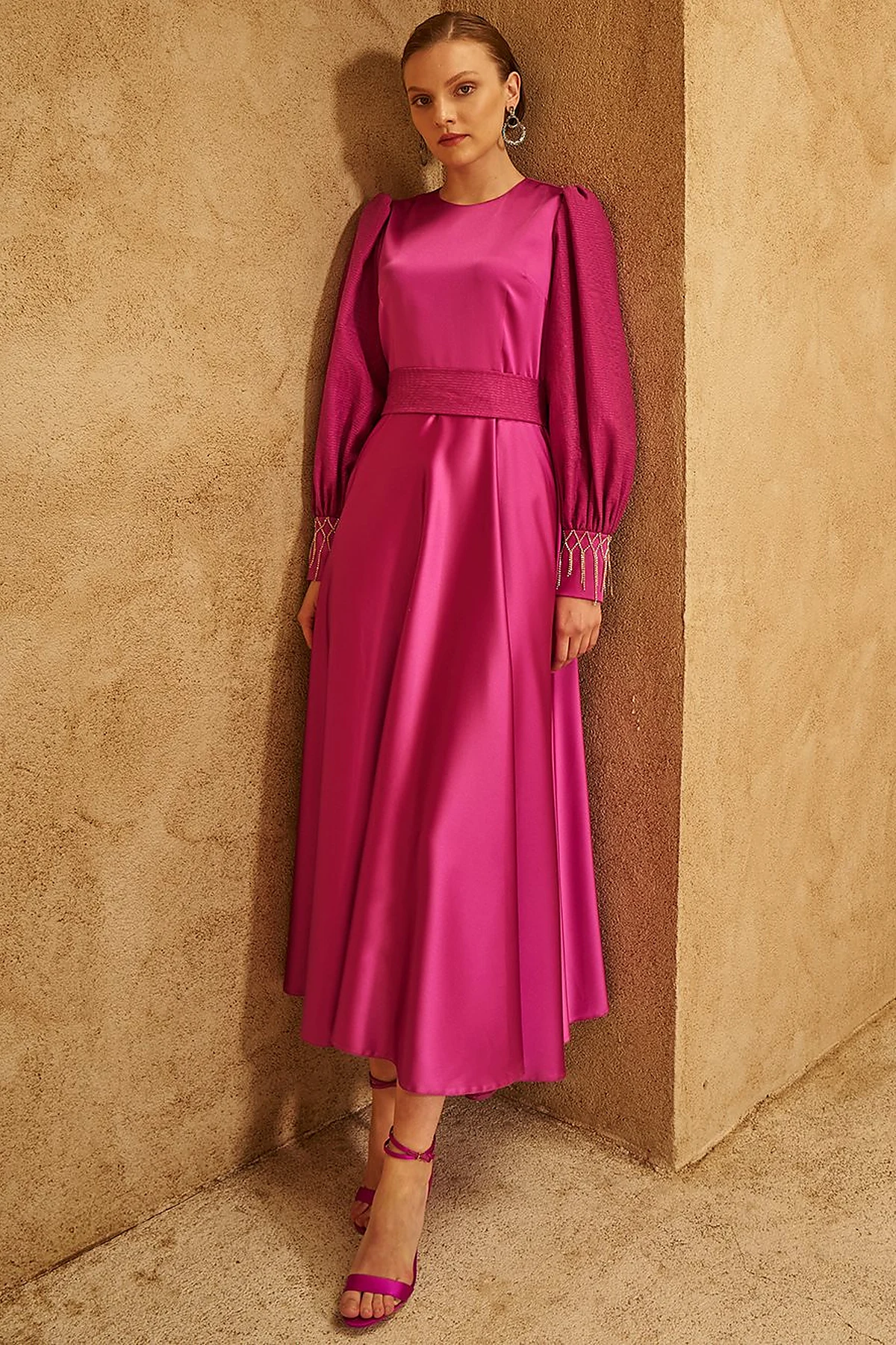 Waist-Detailed Satin Dress - Purple