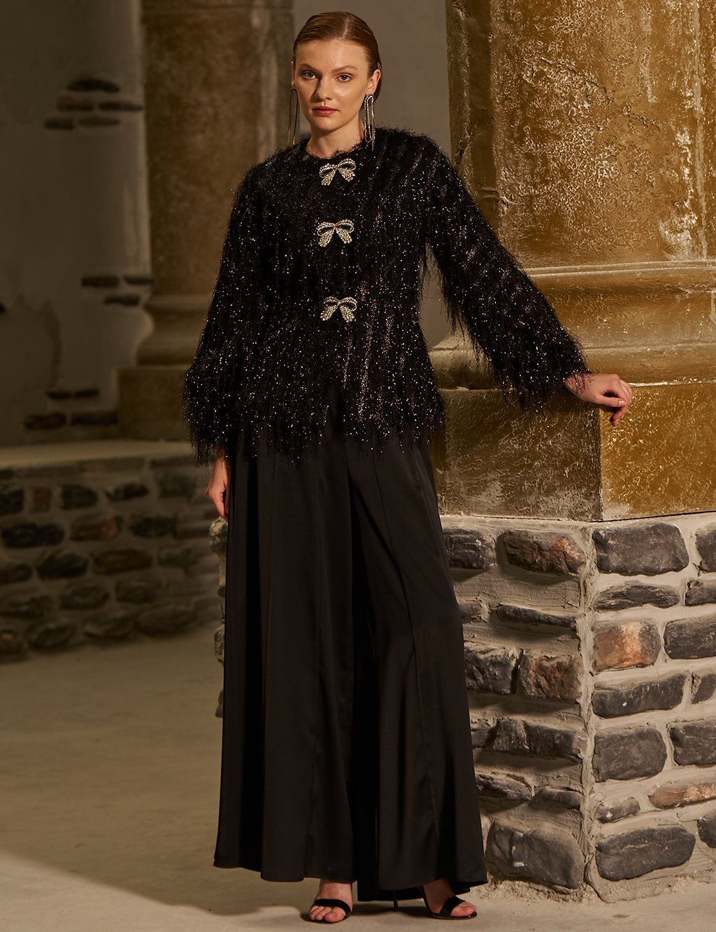 Ribbon-Detail Tasselled Two-Piece Set - Black