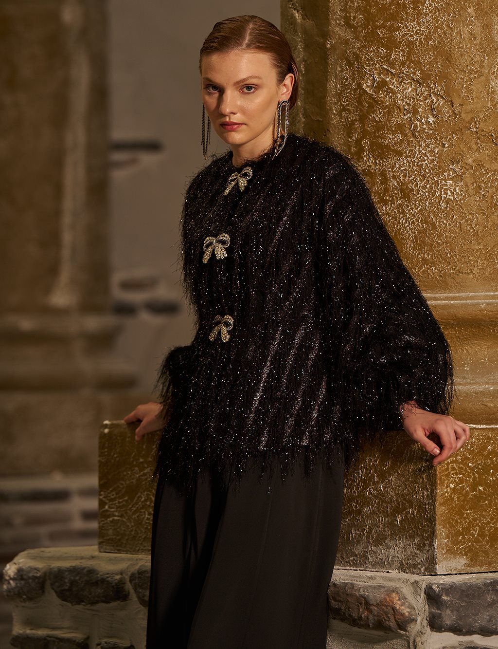 Ribbon-Detail Tasselled Two-Piece Set - Black