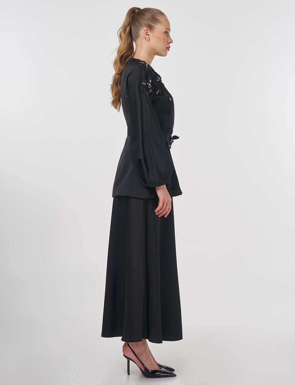 Embroidered Skirt and Jacket Set Black
