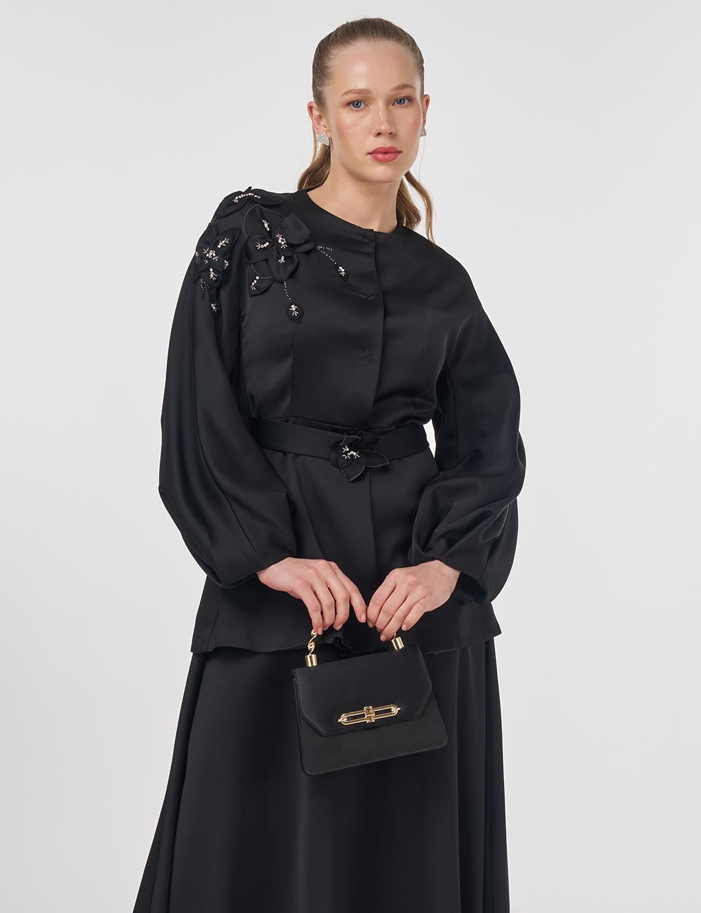 Embroidered Skirt and Jacket Set Black