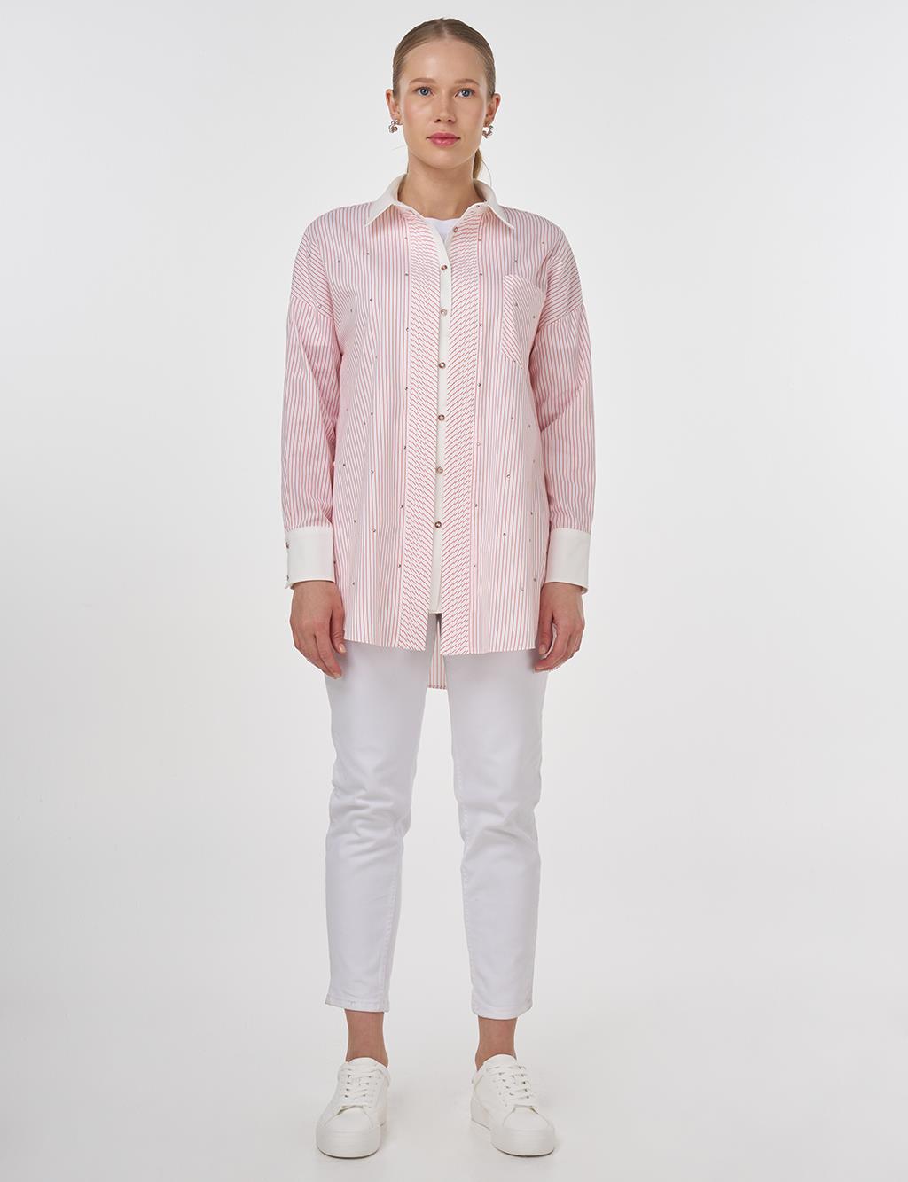 Hotfix Printed Stripe Pattern Tunic Coral
