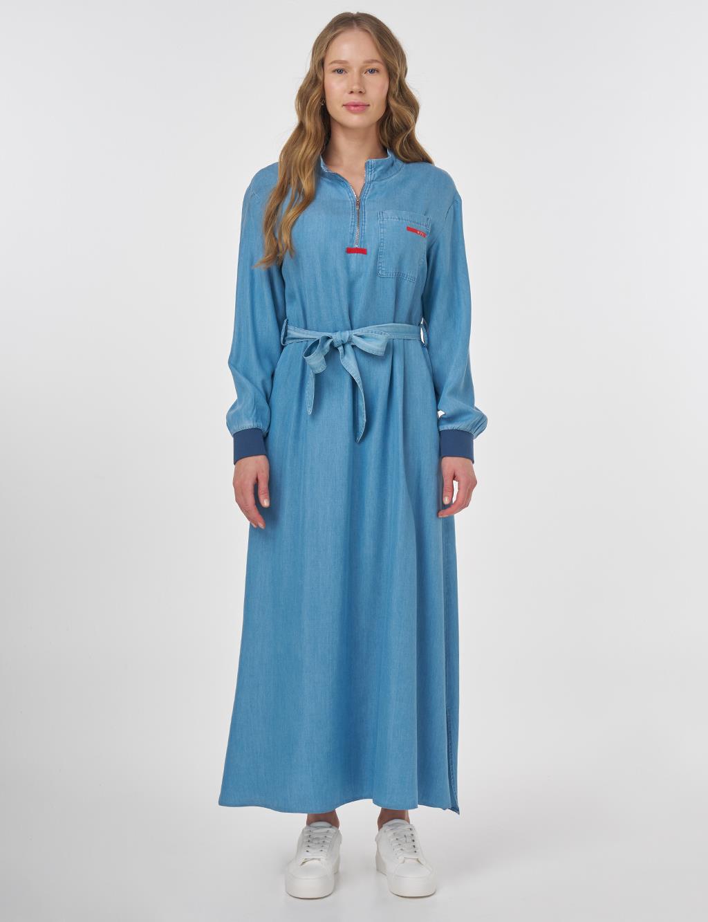 Logo Detailed Lyocell Dress Blue