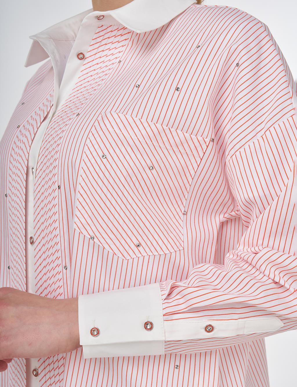 Hotfix Printed Stripe Pattern Tunic Coral