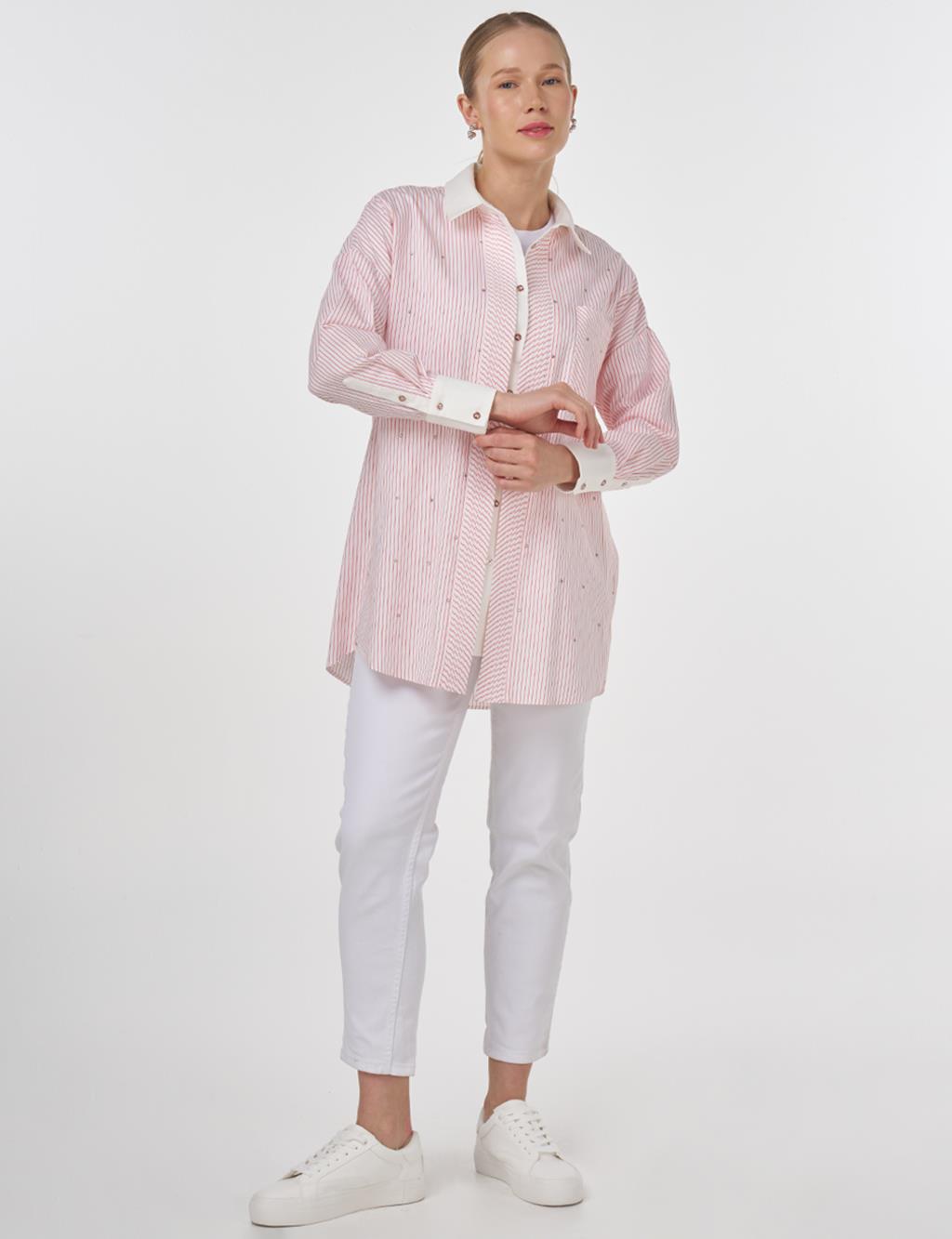 Hotfix Printed Stripe Pattern Tunic Coral