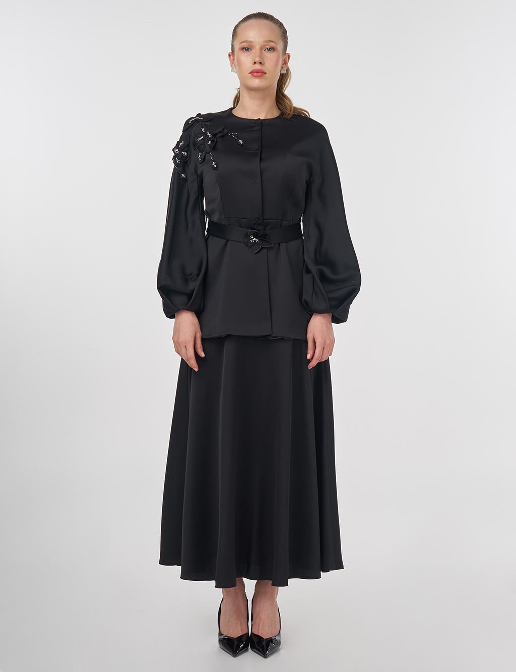 Embroidered Skirt and Jacket Set Black