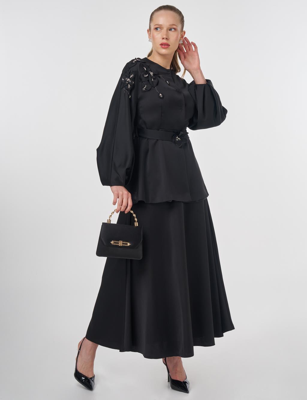Embroidered Skirt and Jacket Set Black
