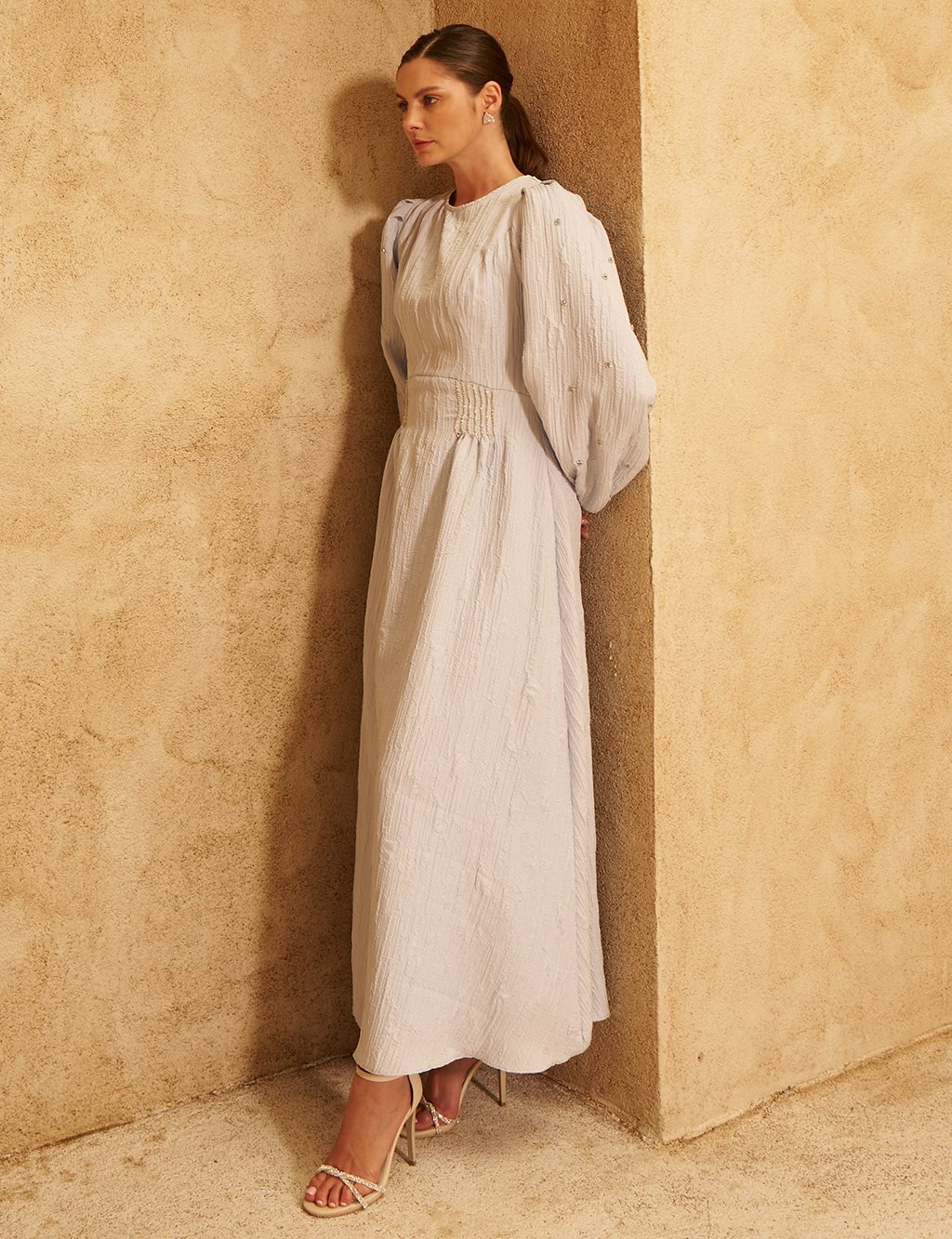 Stone-Embellished Jacquard Dress Blue