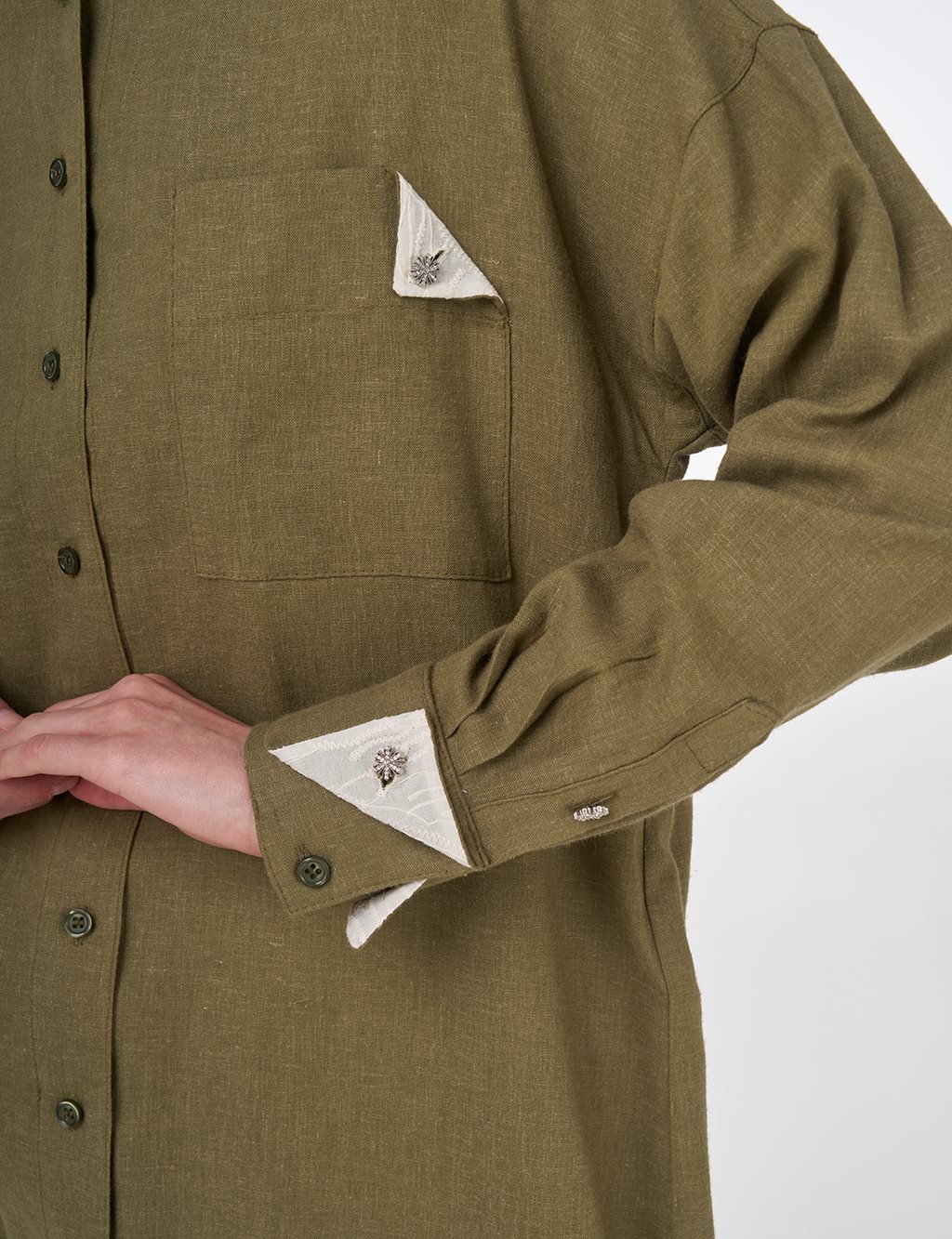 Linen Blend Mandarin Collar Tunic Khaki