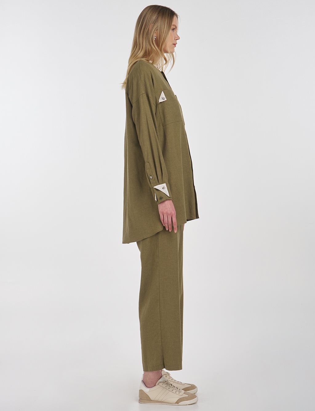 Linen Blend Mandarin Collar Tunic Khaki