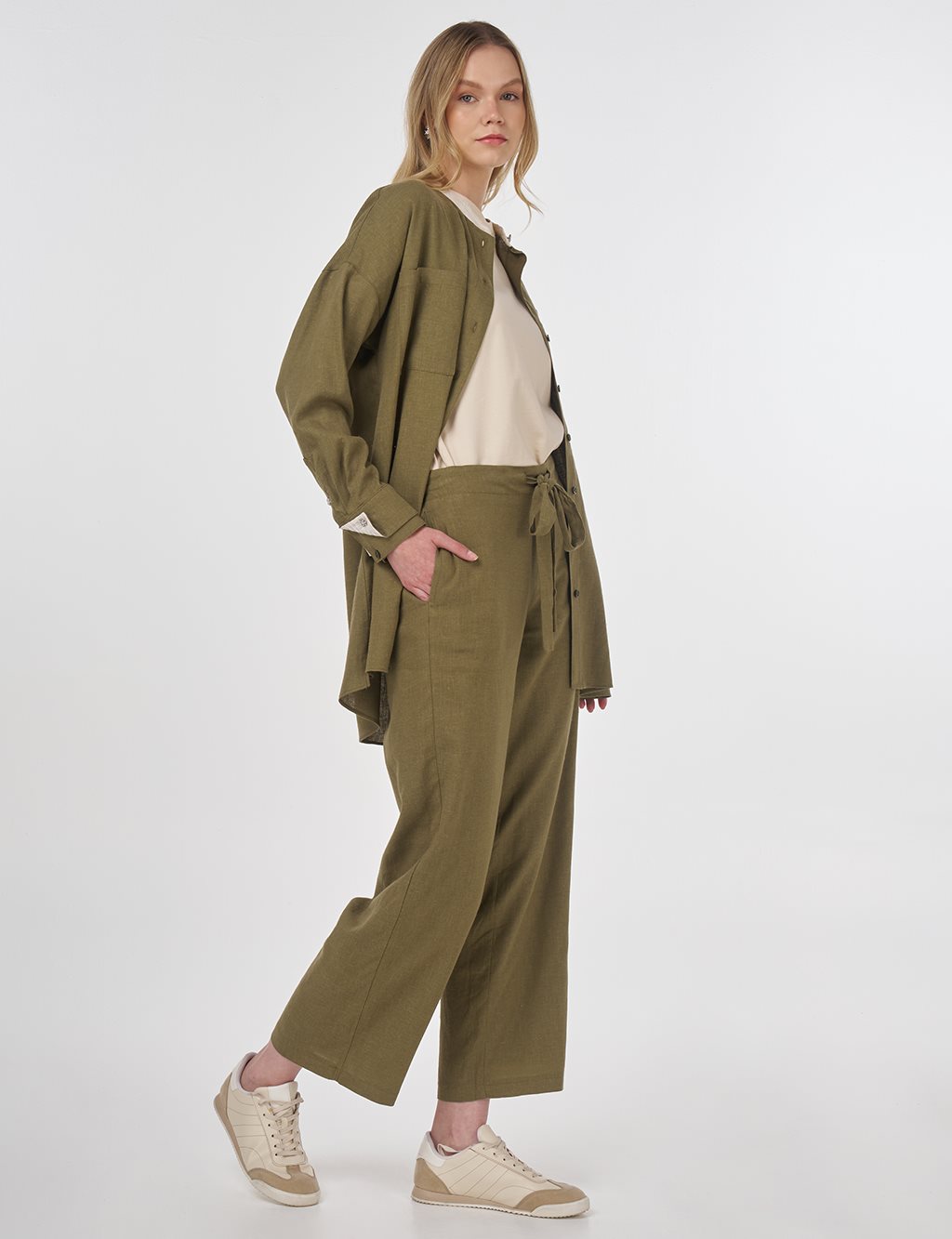 Linen Blend Mandarin Collar Tunic Khaki