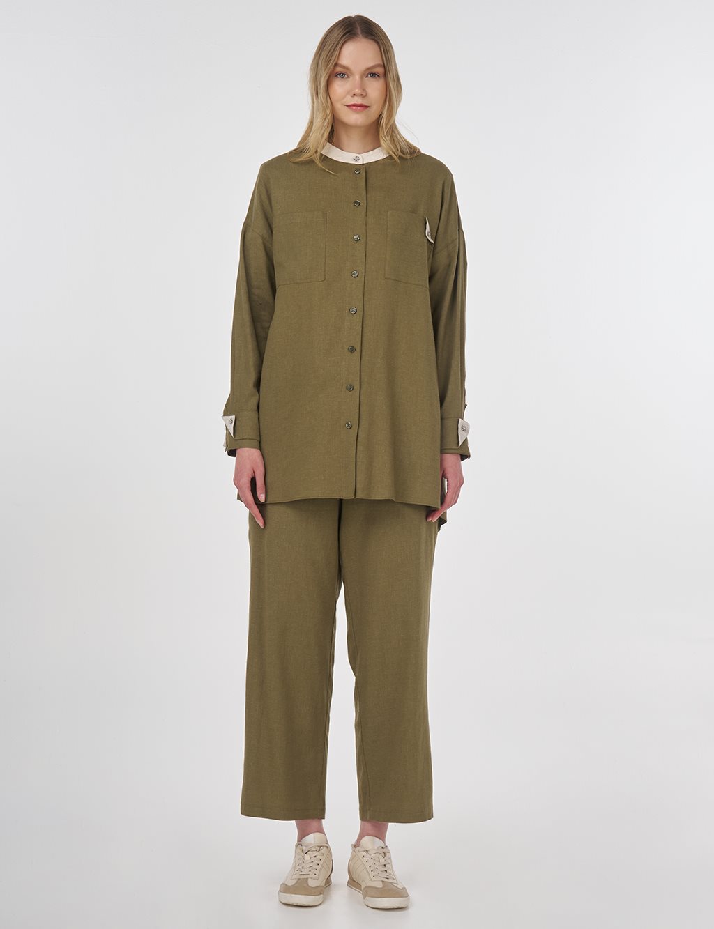 Linen Blend Mandarin Collar Tunic Khaki