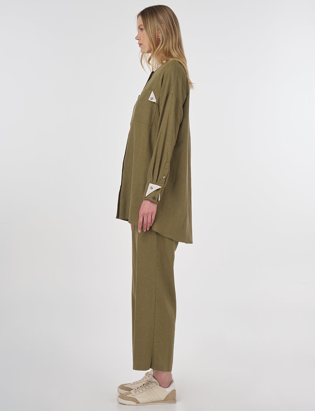 Linen Blend Mandarin Collar Tunic Khaki
