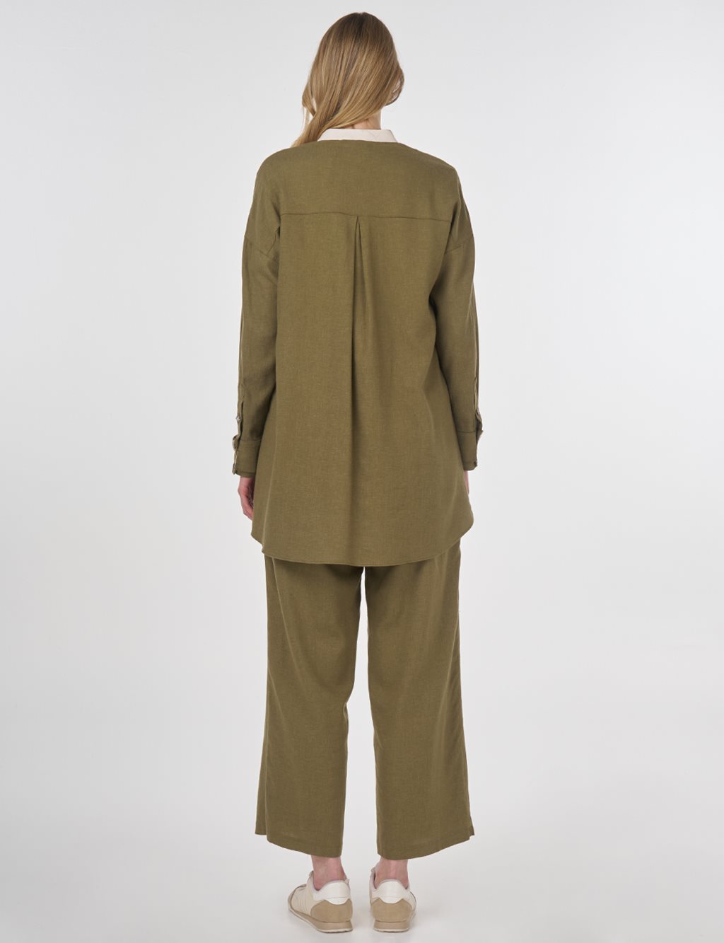 Linen Blend Mandarin Collar Tunic Khaki