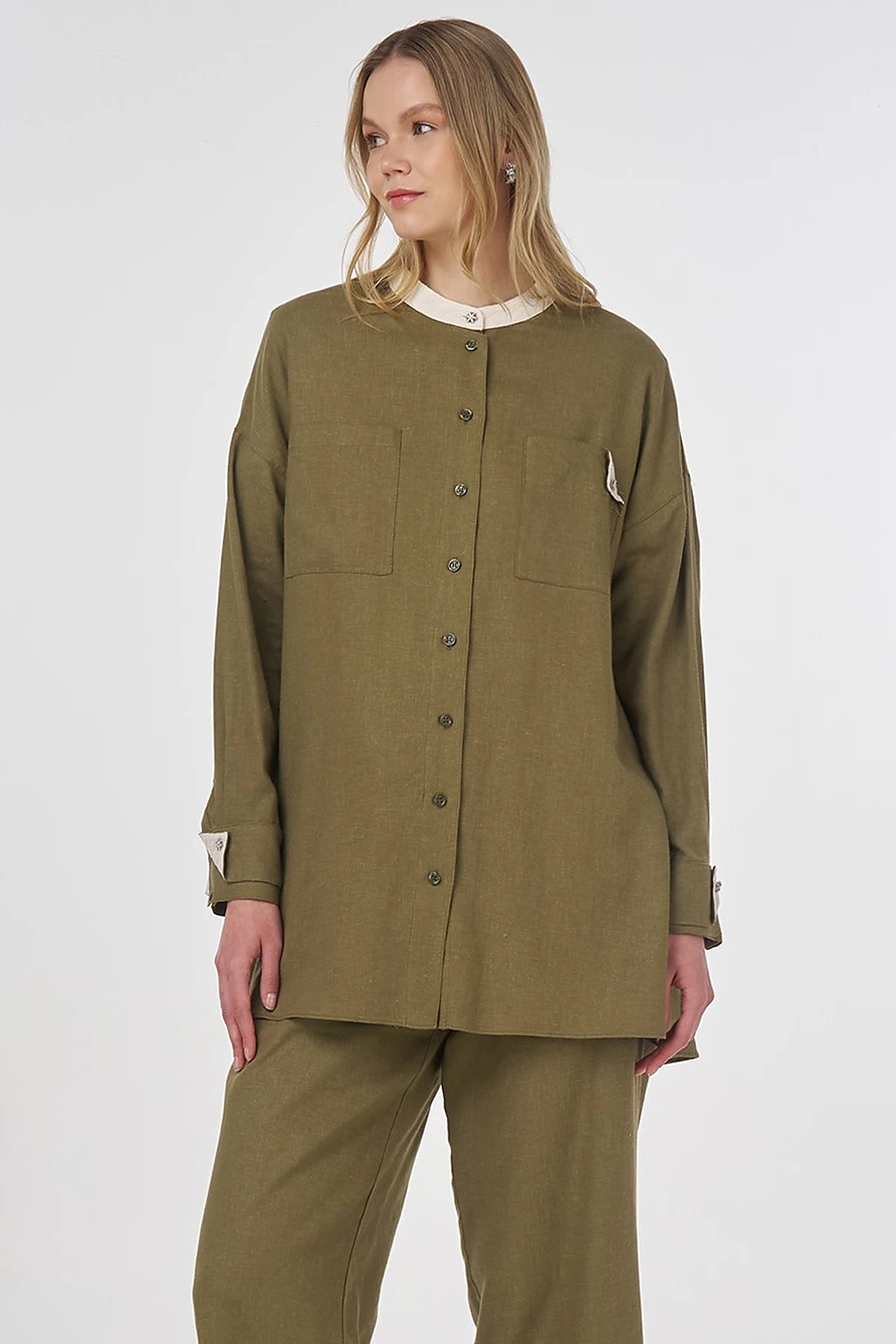 Mandarin Collar Linen Viscose Tunic Khaki