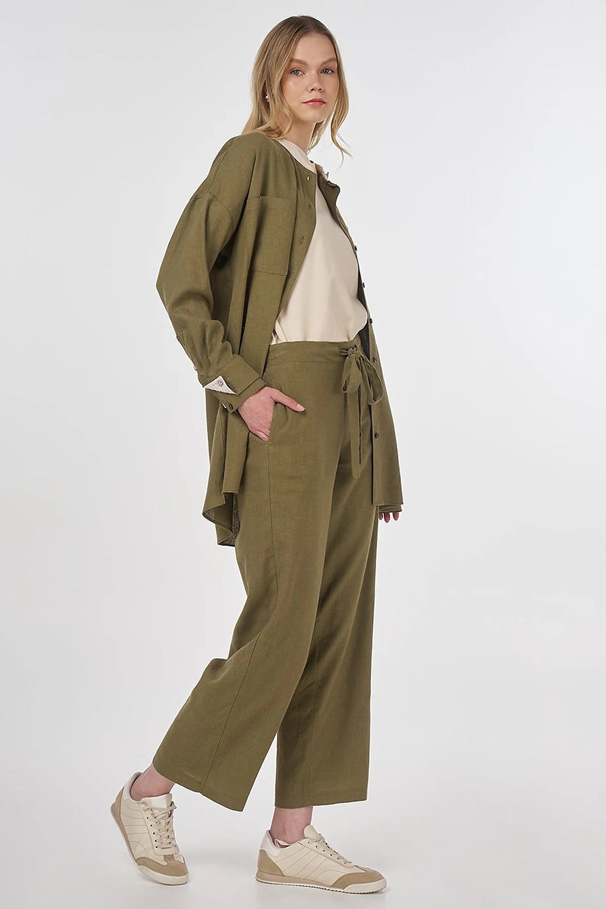 Mandarin Collar Linen Viscose Tunic Khaki