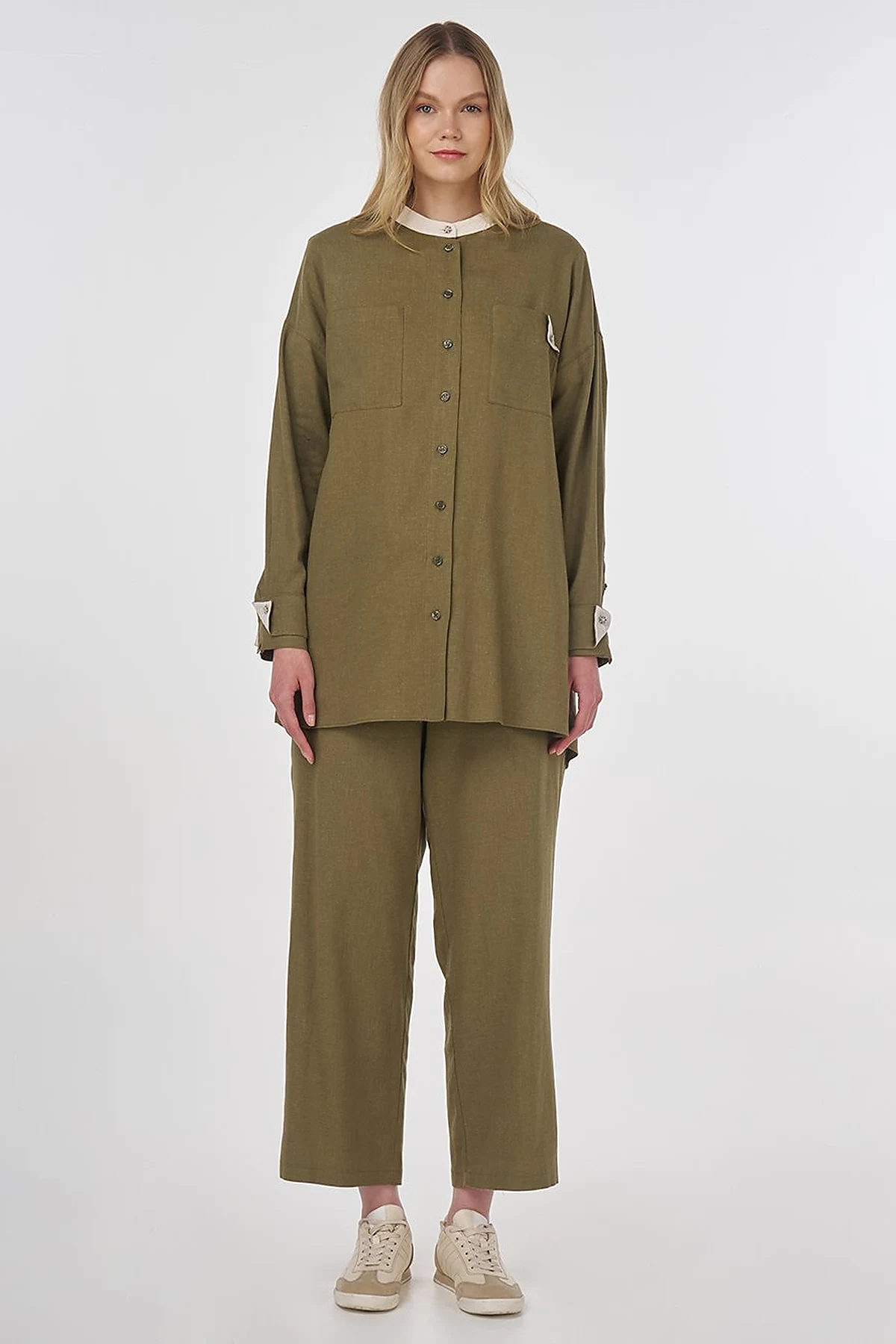 Mandarin Collar Linen Viscose Tunic Khaki